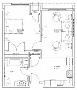 Floor plan for 1 bed, 1 bath, 726 sqft